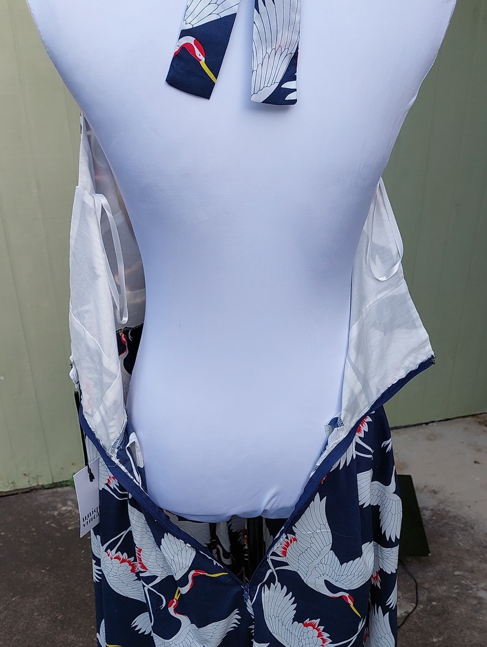 Unique Vintage Halter Crane Button Navy White Midi Dress Sz L - Picture 8 of 15